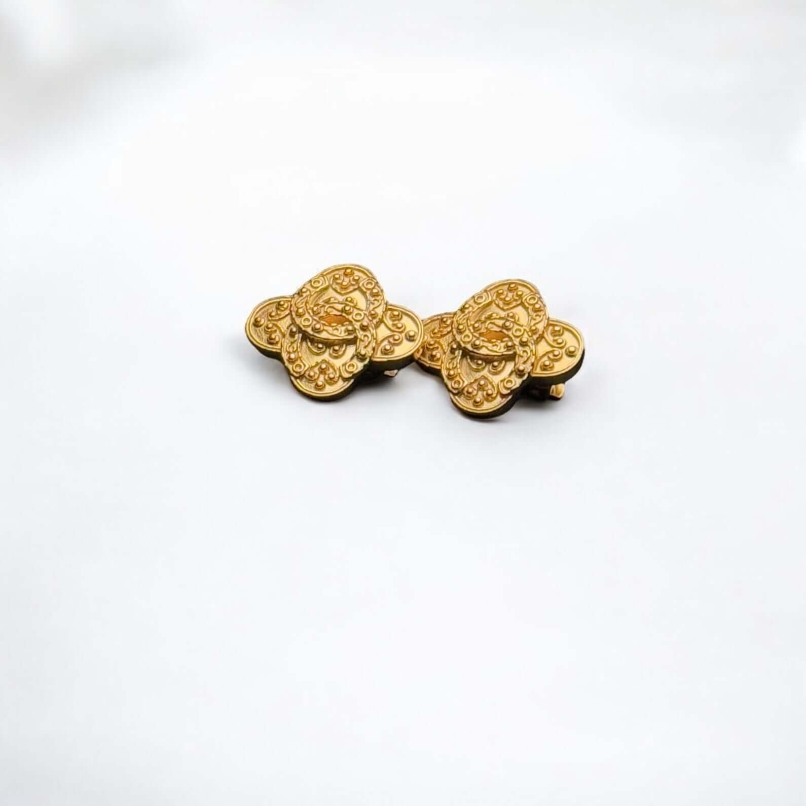 Vintage Chanel Bright Gold Baroque CC Intricate Clip On Earrings in Pre-Owned condition, 94 A, authentic luxury accessory.