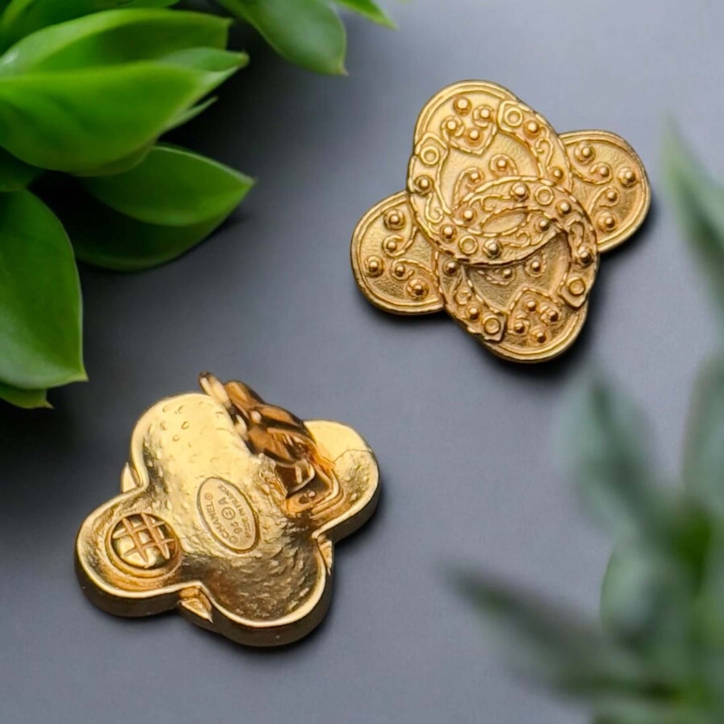 Vintage Chanel Bright Gold Baroque CC Intricate Clip On Earrings, pre-owned, in good clean condition, 94 A authentic.