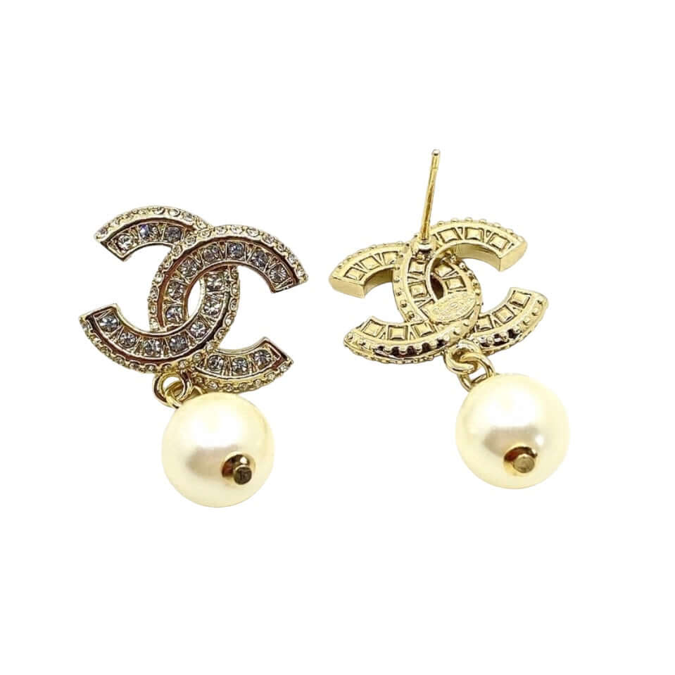 Chanel Gold CC w/ Crystals Dangle Pearl Earring Pre-Owned