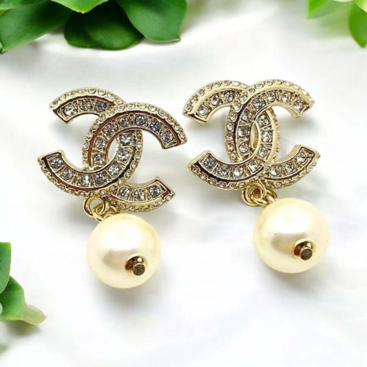 Chanel Gold CC w/ Crystals Dangle Pearl Earring Pre-Owned