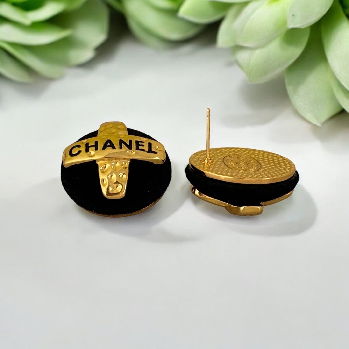 Vintage Chanel Gold Mark Suede Earrings 93 Pre-Owned