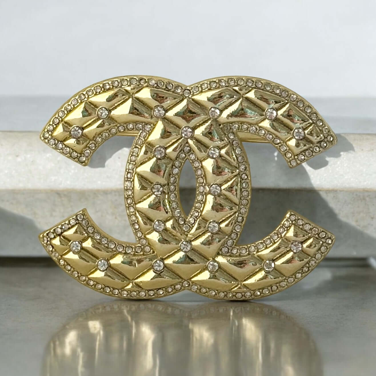 Chanel Gold CC Quilted W/ Crystals Brooch Pin Pre-Owned