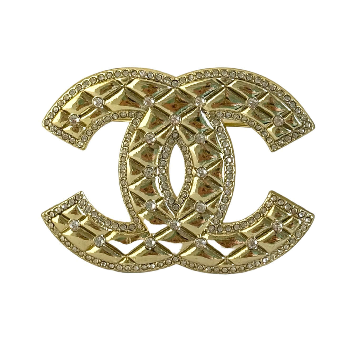 Chanel Gold CC Quilted W/ Crystals Brooch Pin Pre-Owned