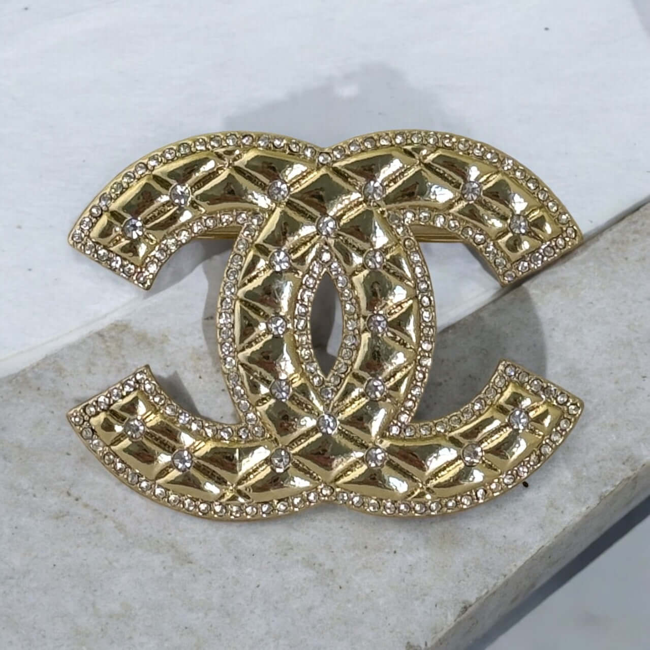 Chanel Gold CC Quilted W/ Crystals Brooch Pin Pre-Owned