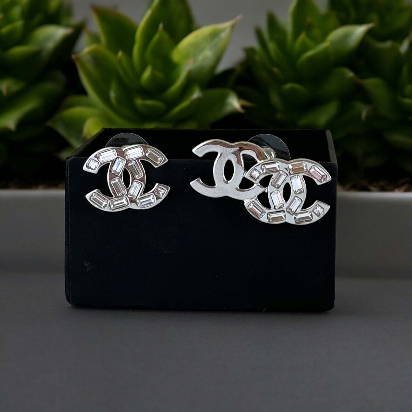 Authentic Chanel CC Silver w/Crystals Post Earrings B22P Pre-Owned