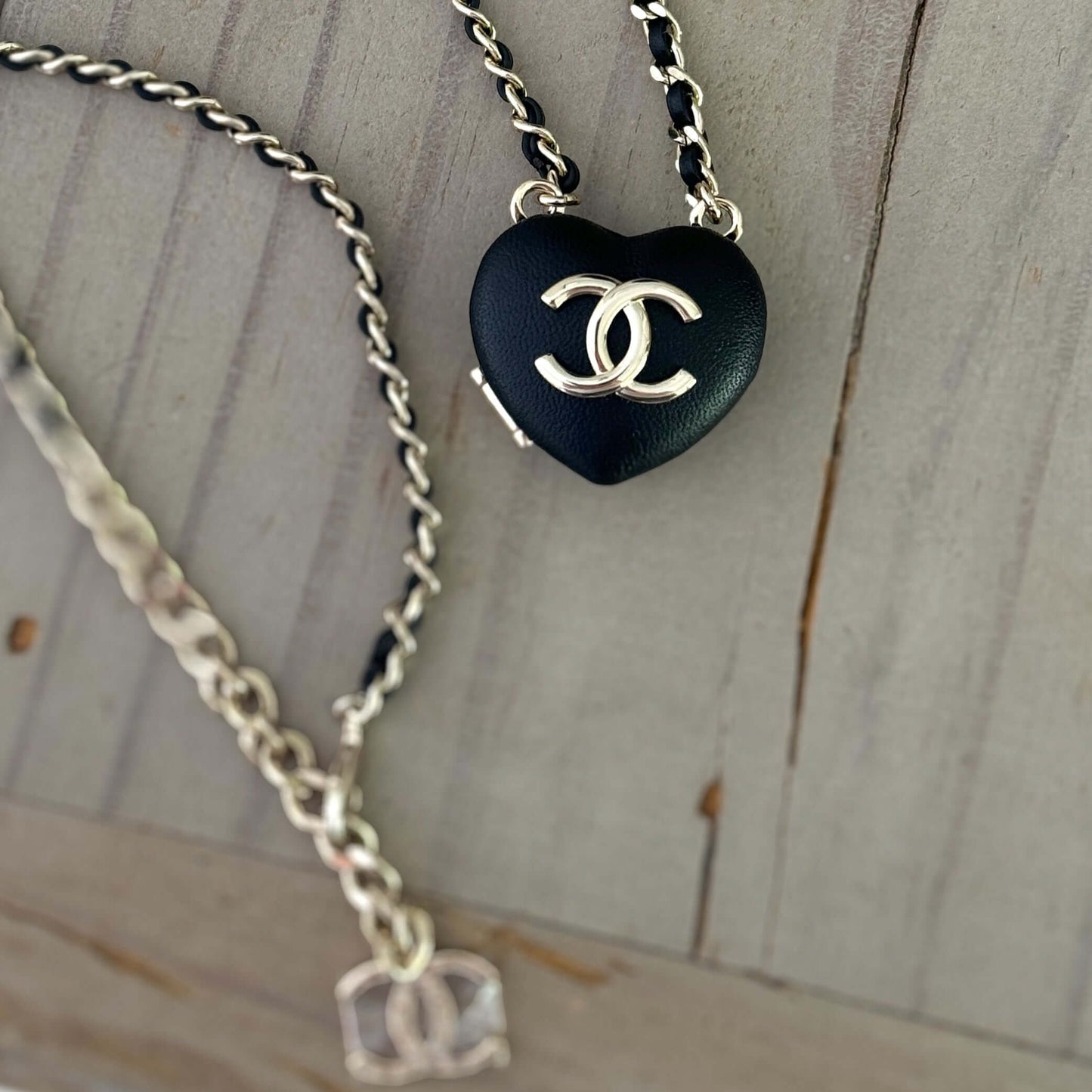 Chanel Gold Chain weaved with Black Leather Black Leather Heart Pendant Necklace