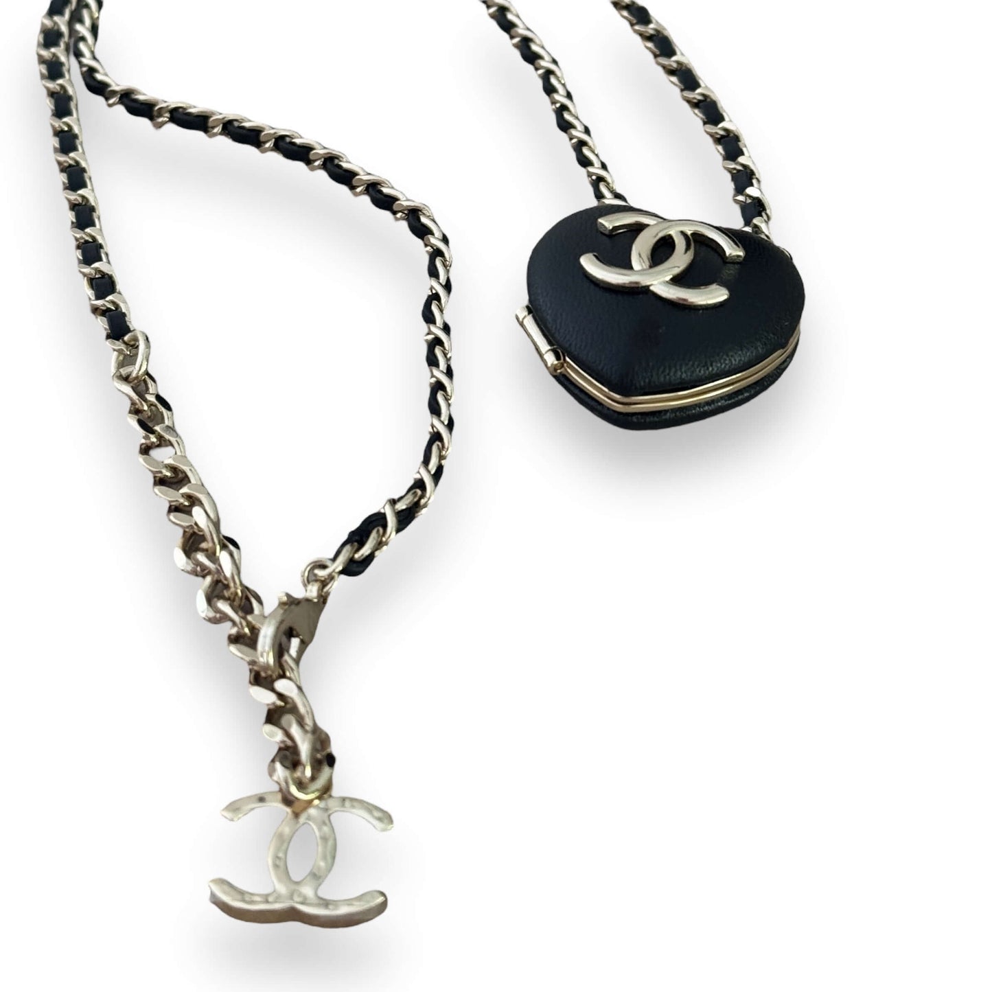 Chanel Gold Chain weaved with Black Leather Black Leather Heart Pendant Necklace