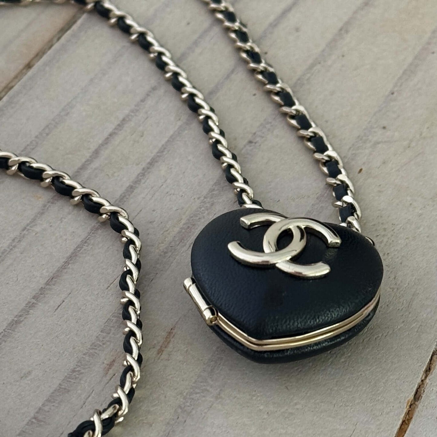 Chanel Gold Chain weaved with Black Leather Black Leather Heart Pendant Necklace