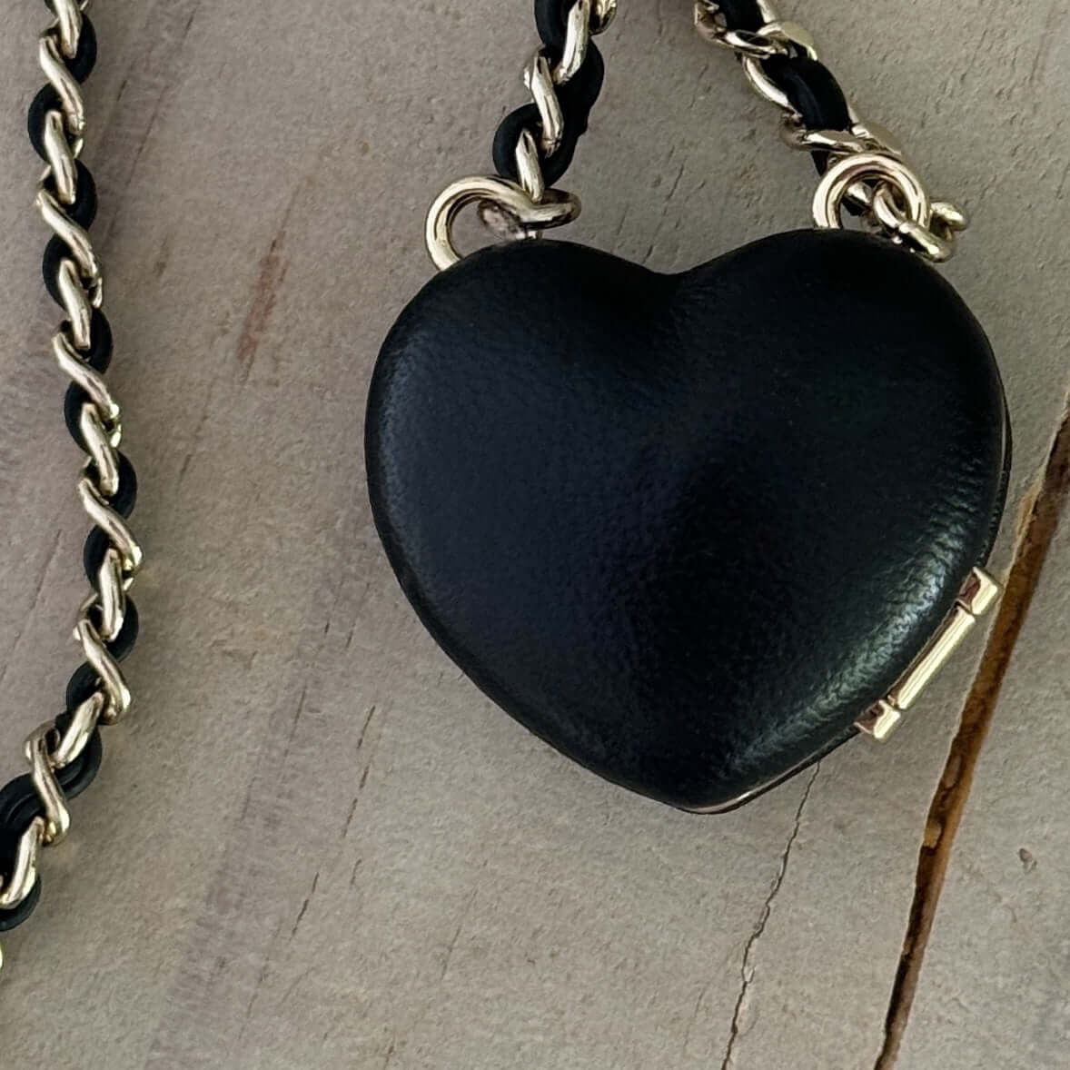 Chanel Gold Chain weaved with Black Leather Black Leather Heart Pendant Necklace