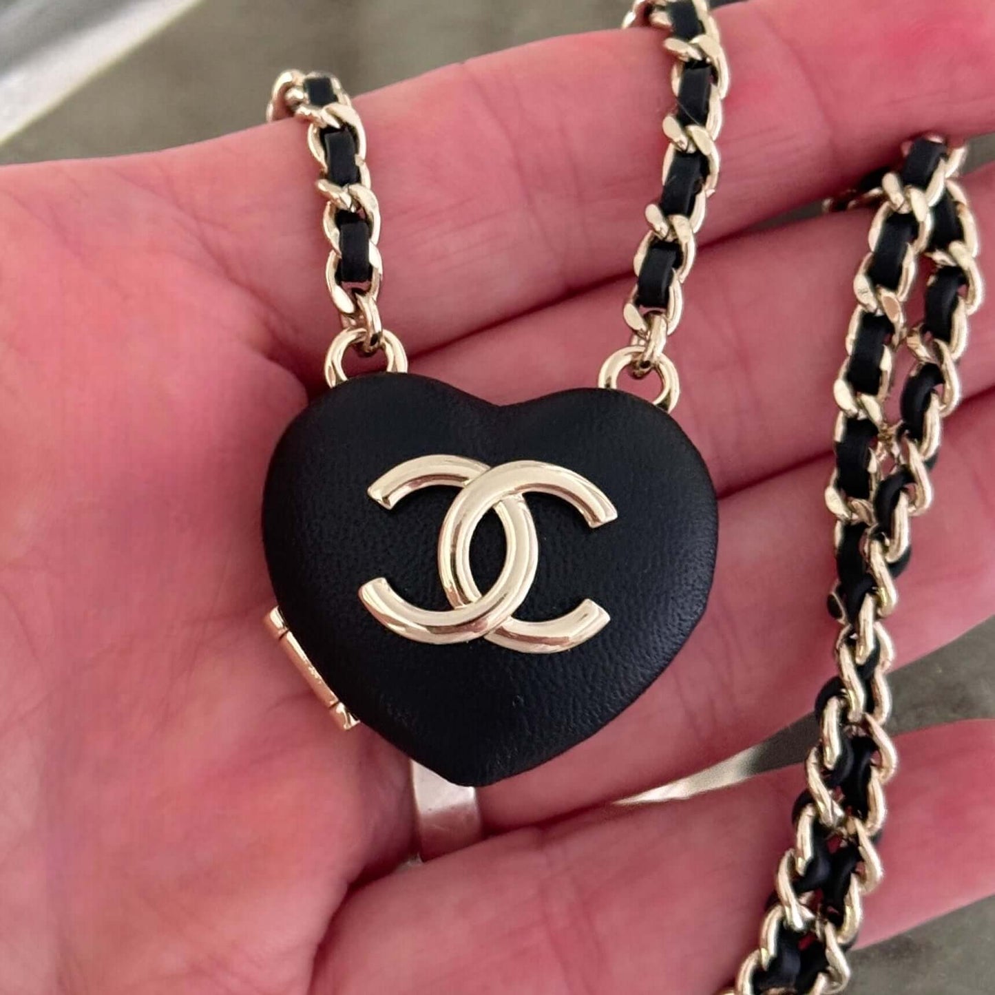 Chanel Gold Chain weaved with Black Leather Black Leather Heart Pendant Necklace