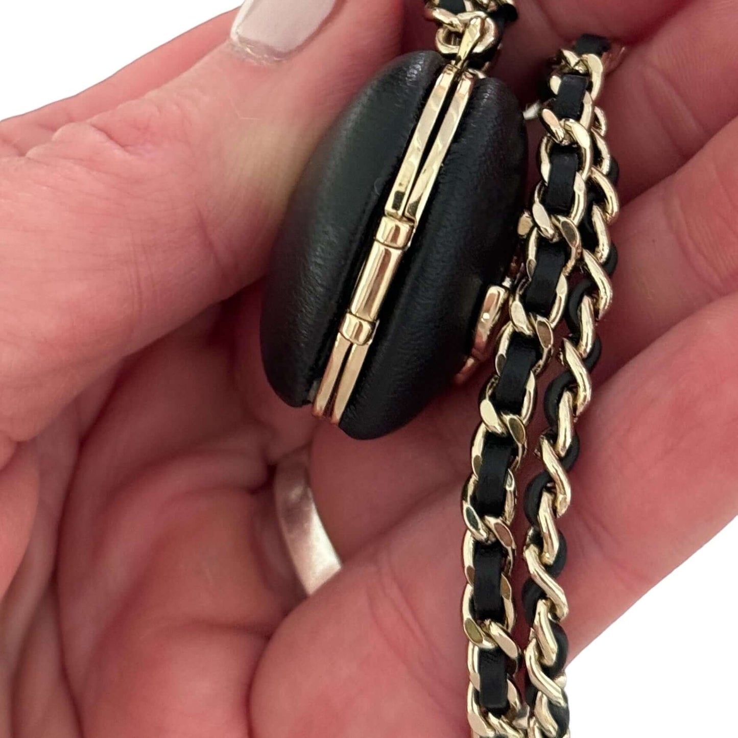 Chanel Gold Chain weaved with Black Leather Black Leather Heart Pendant Necklace