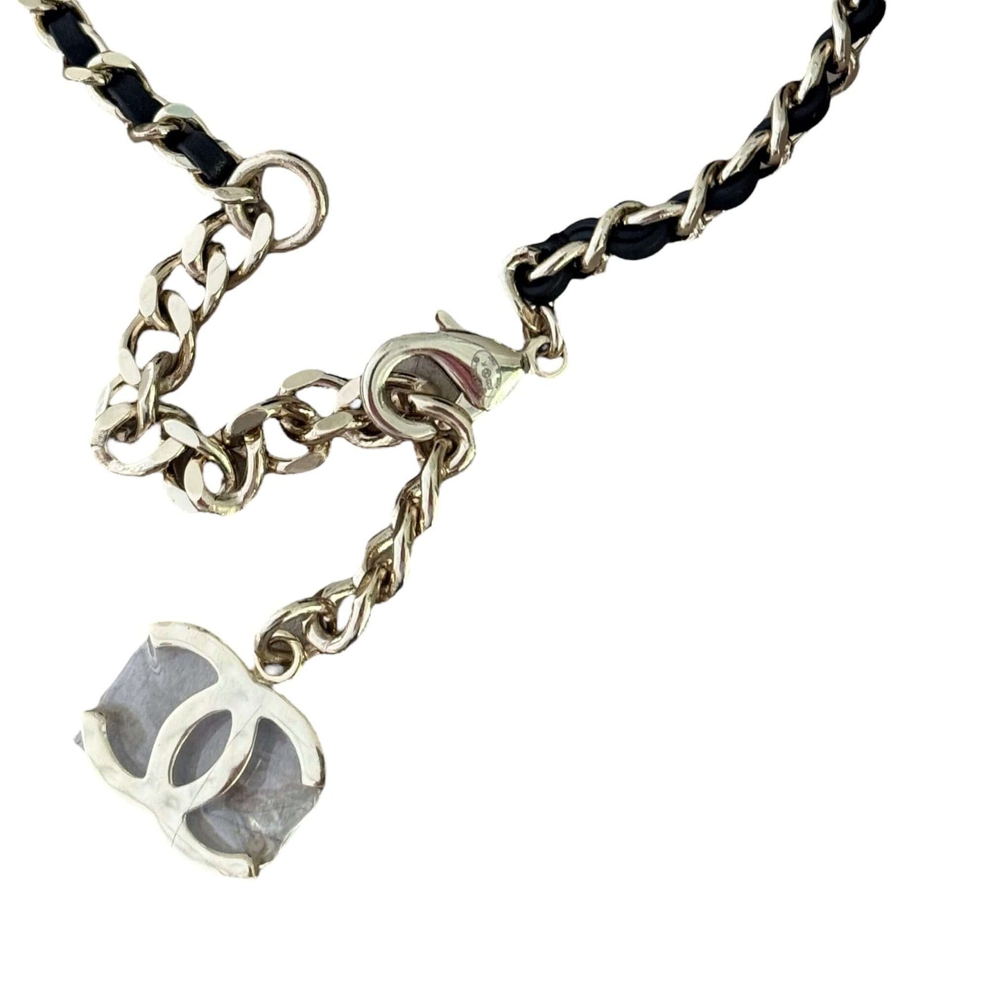 Chanel Gold Chain weaved with Black Leather Black Leather Heart Pendant Necklace