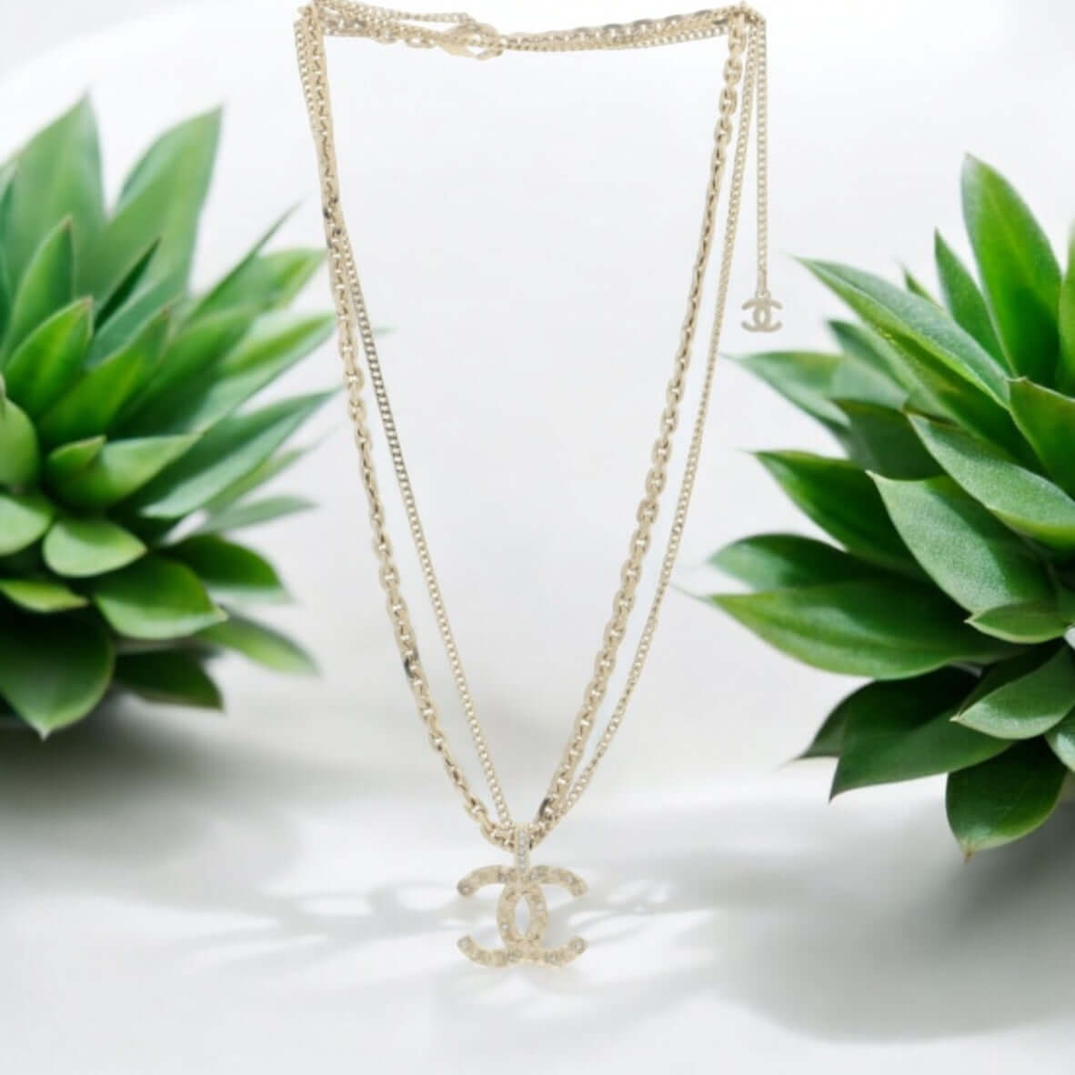 Authentic Chanel CC Double Chain Pendant Necklace Pre-Owned