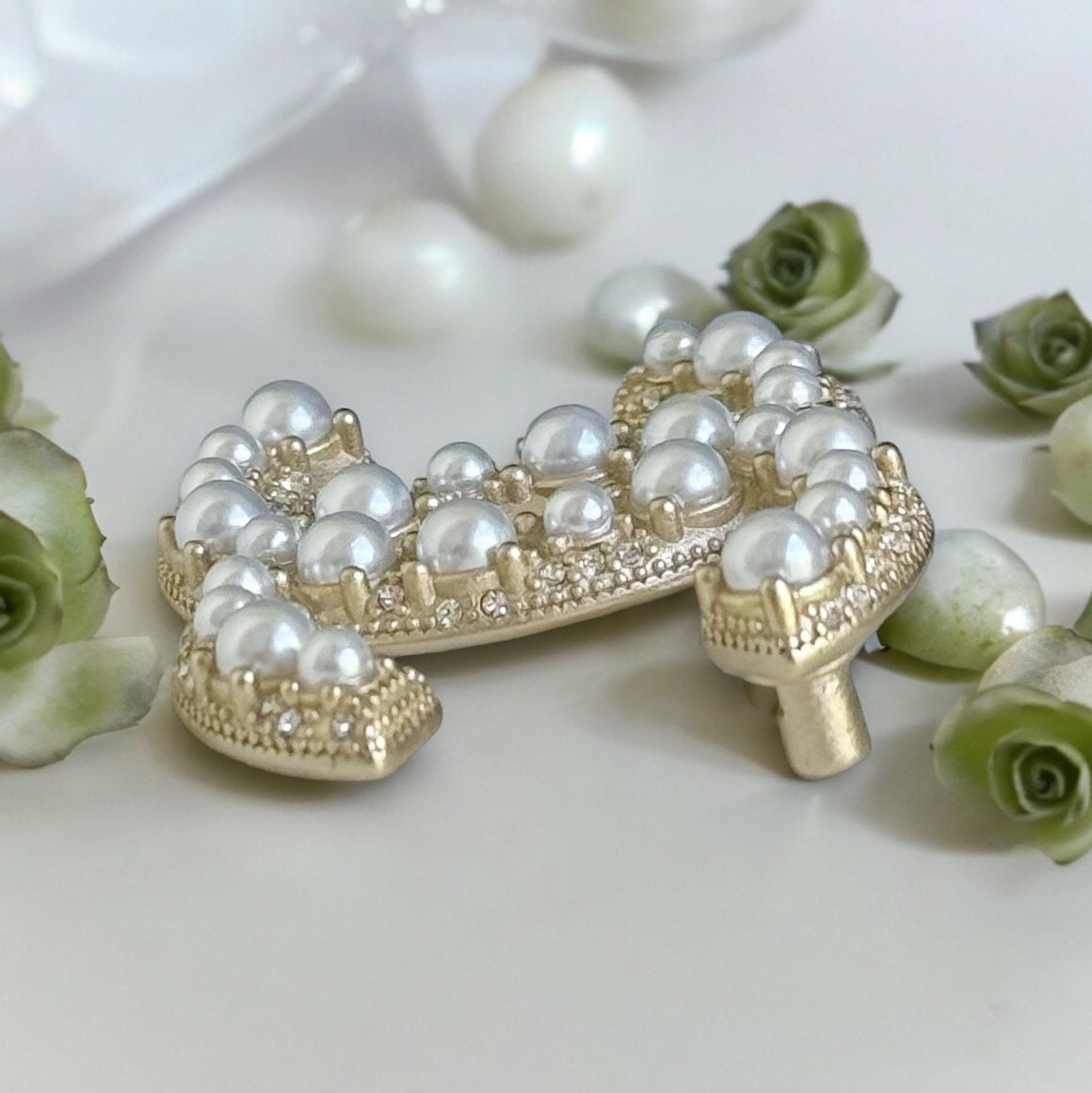 Chanel Gold Double C Brooch with Pearls accented with tiny crystalsGorgeous Made In France 14 B Lighter Gold Plated Faux Pearls & Mini crystals In excellent clean condition Free from dings or scratches Comes with the Chanel Gift Box & Bag Chanel Gold Doub