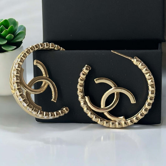 Pre-Owned Authentic Chanel Gold CC Bigger Hoops w/ crystals 22