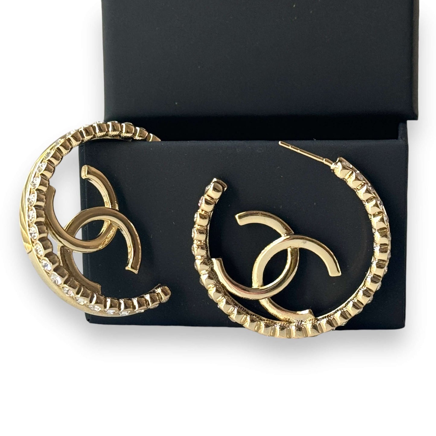 Pre-Owned Authentic Chanel Gold CC Bigger Hoops w/ crystals 22