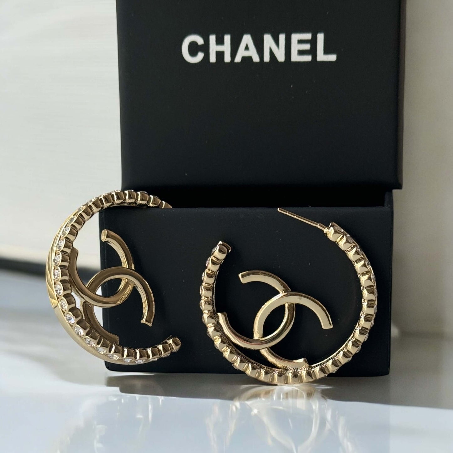 Pre-Owned Authentic Chanel Gold CC Bigger Hoops w/ crystals 22