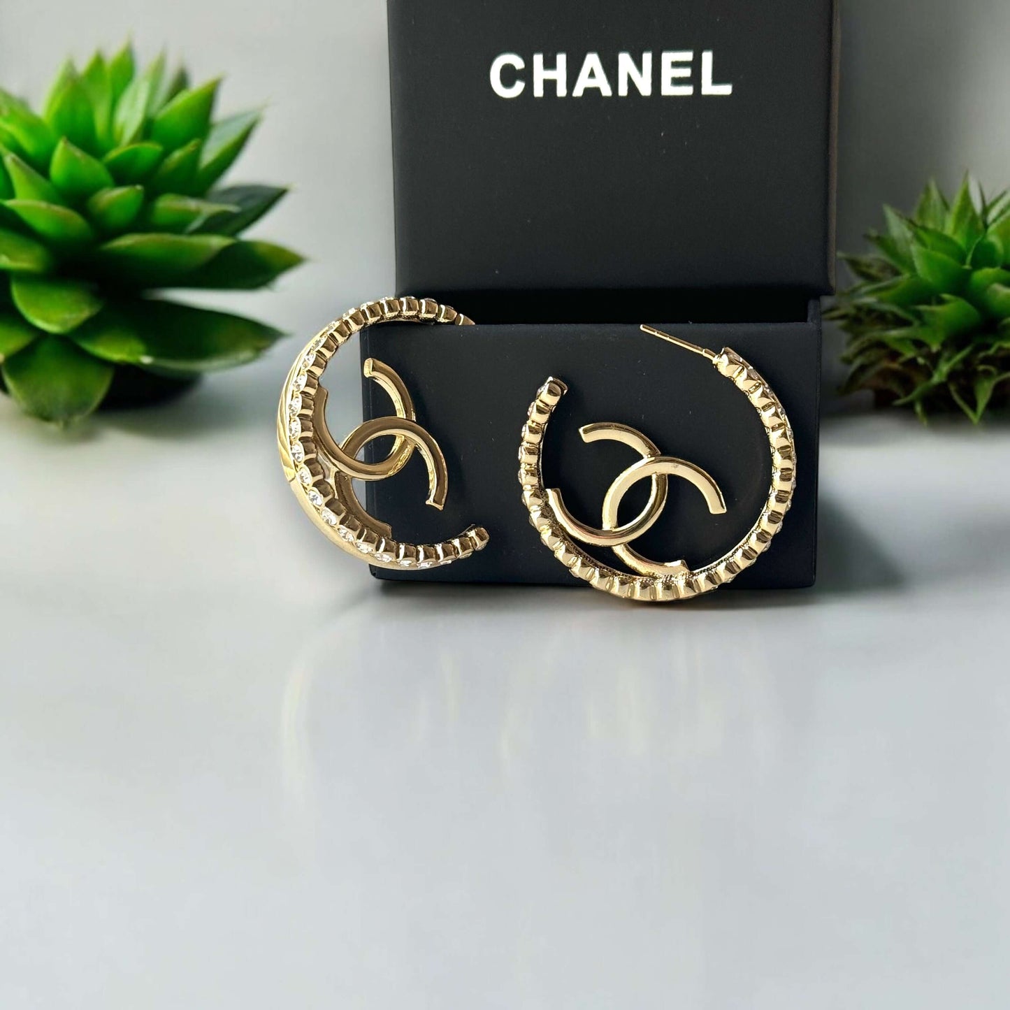 Pre-Owned Authentic Chanel Gold CC Bigger Hoops w/ crystals 22