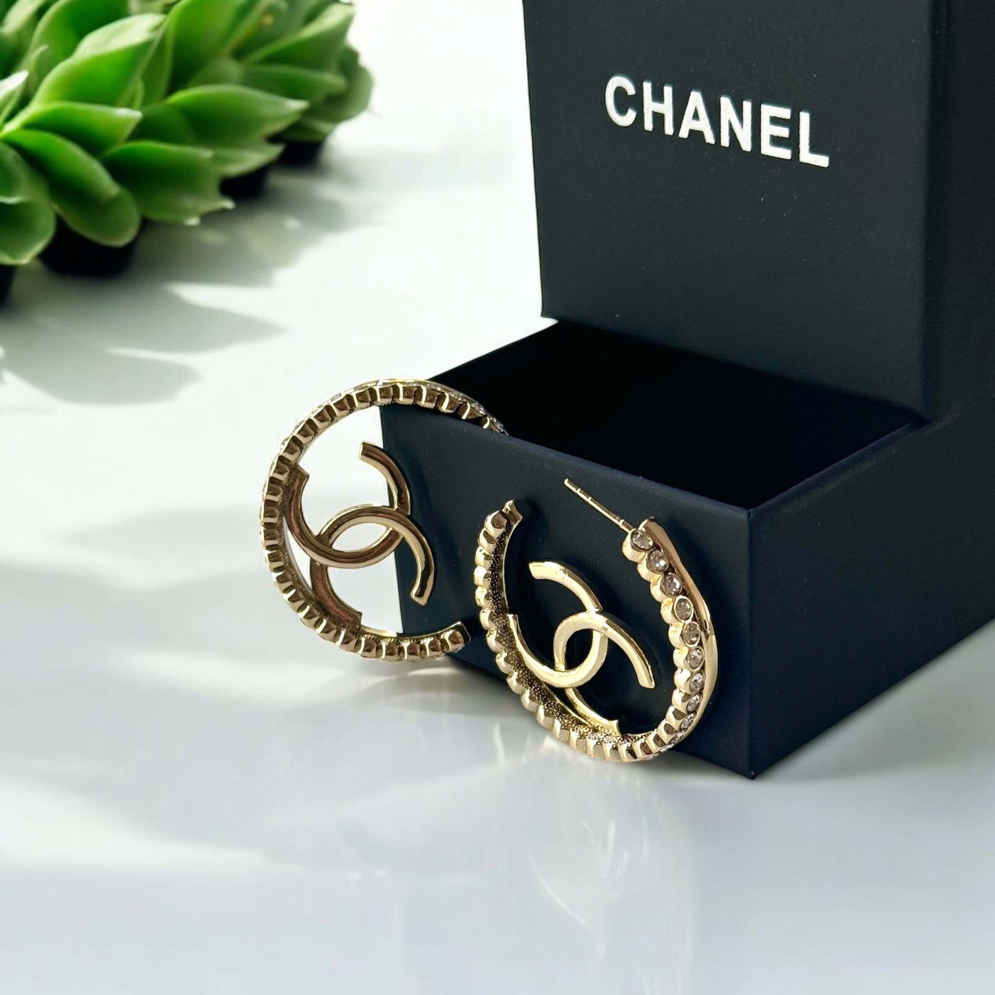 Pre-Owned Authentic Chanel Gold CC Bigger Hoops w/ crystals 22