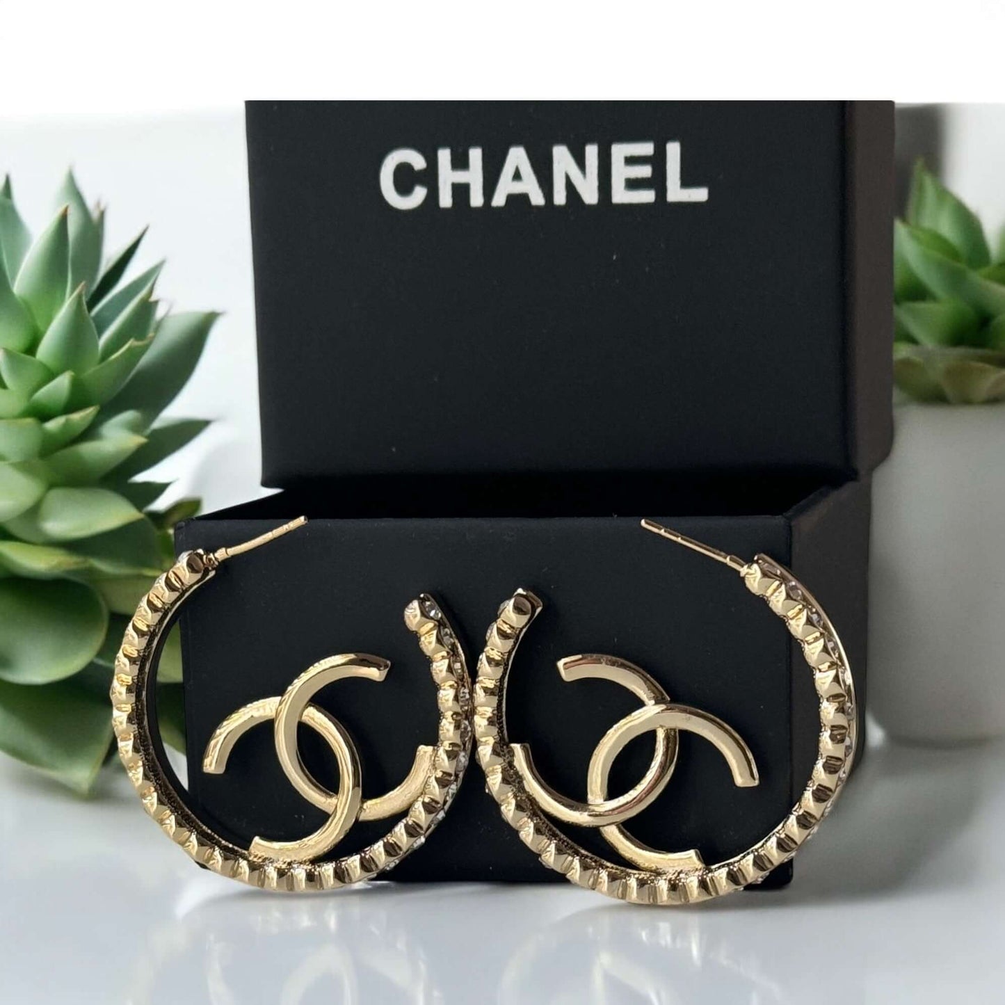 Pre-Owned Authentic Chanel Gold CC Bigger Hoops w/ crystals 22