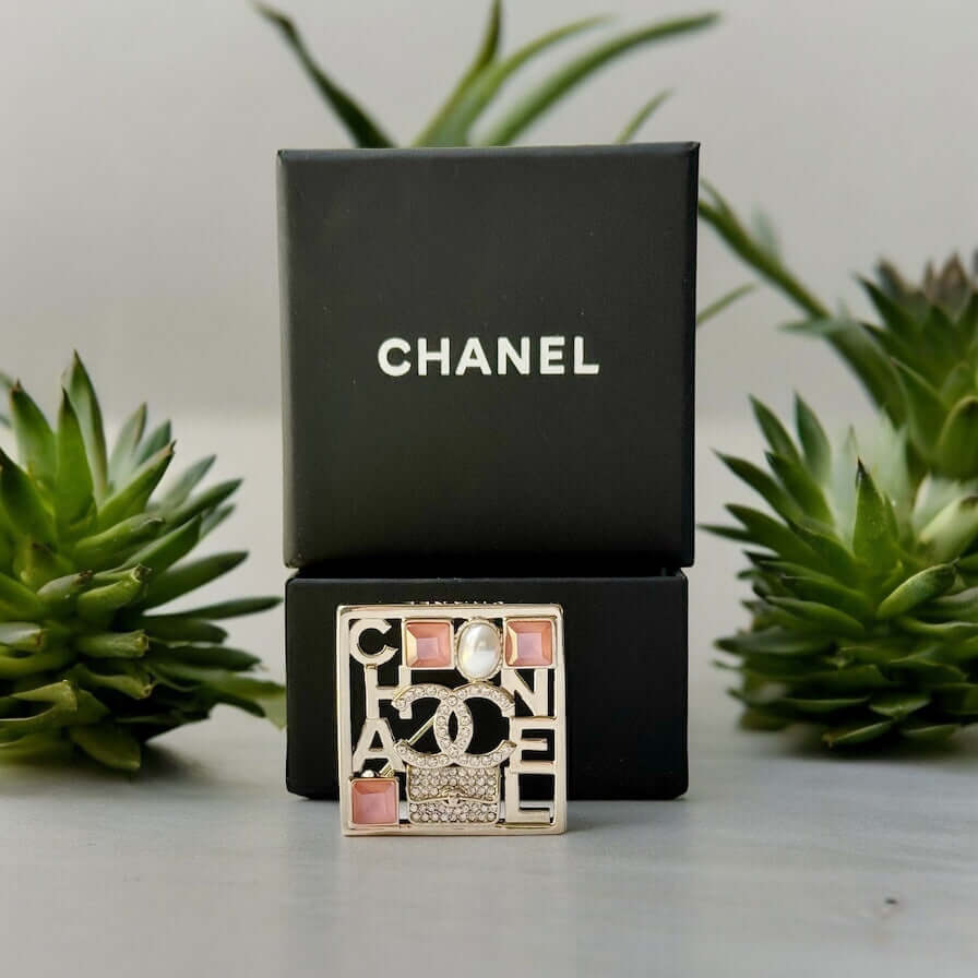 Chanel Strass CC cut out Square Brooch Hard to Find Pin