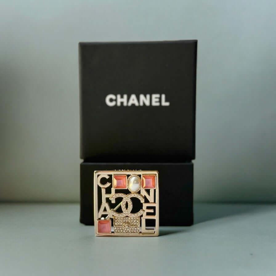 Chanel Strass CC cut out Square Brooch Hard to Find Pin