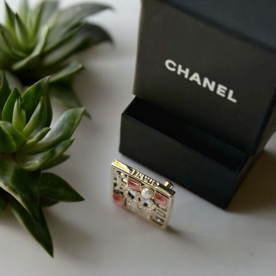 Chanel Strass CC cut out Square Brooch Hard to Find Pin