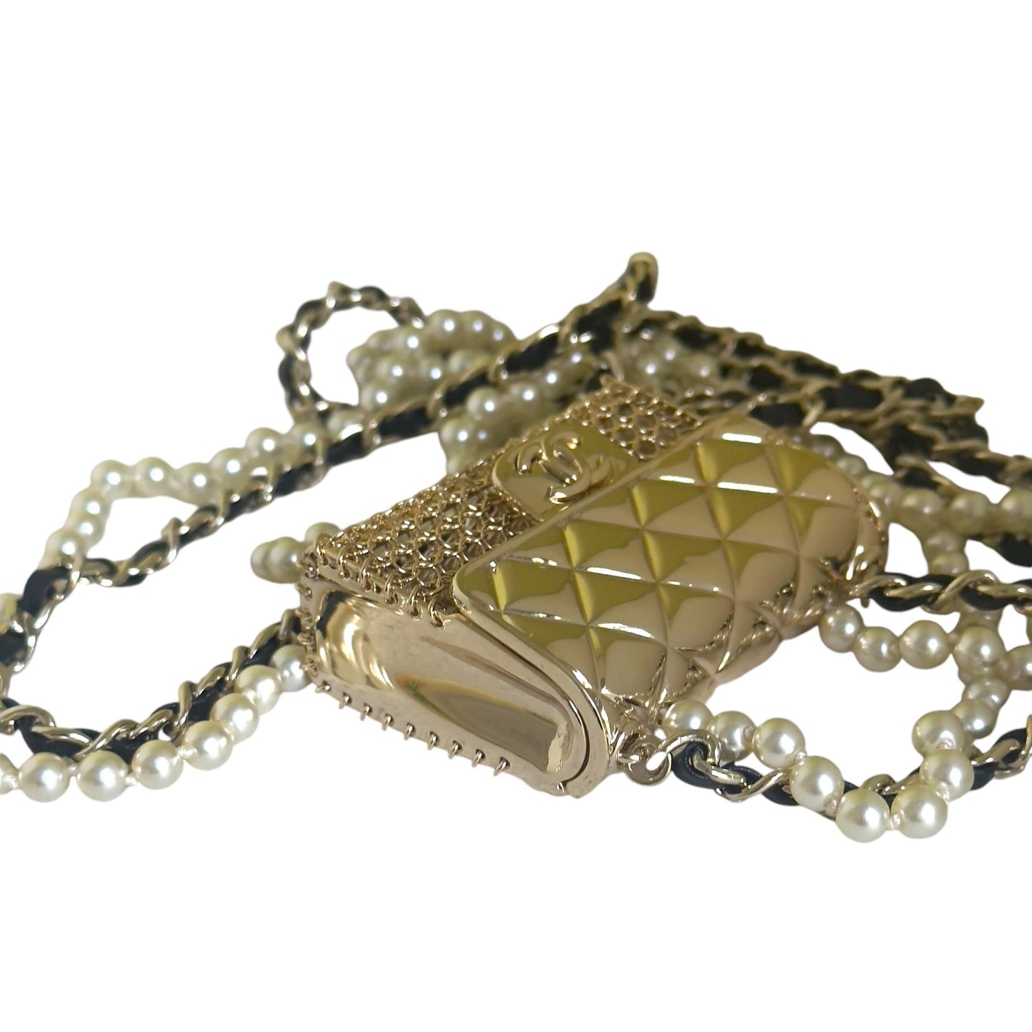 Authentic Chanel Gold Quilted Flap Bag Pearl Necklace Pre-Owned