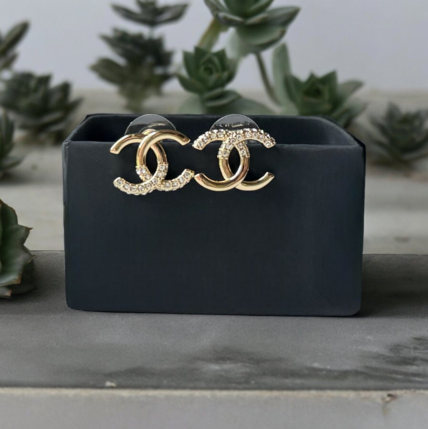 Chanel Gold Double C Post Earrings with sparkling crystals StunningGorgeous ! I love these ! Such great classics yet updated - these are the perfect pair of Chanel Earrings to Start or Add to your Luxury Designer Jewelry Collection. These are pre-owned bu