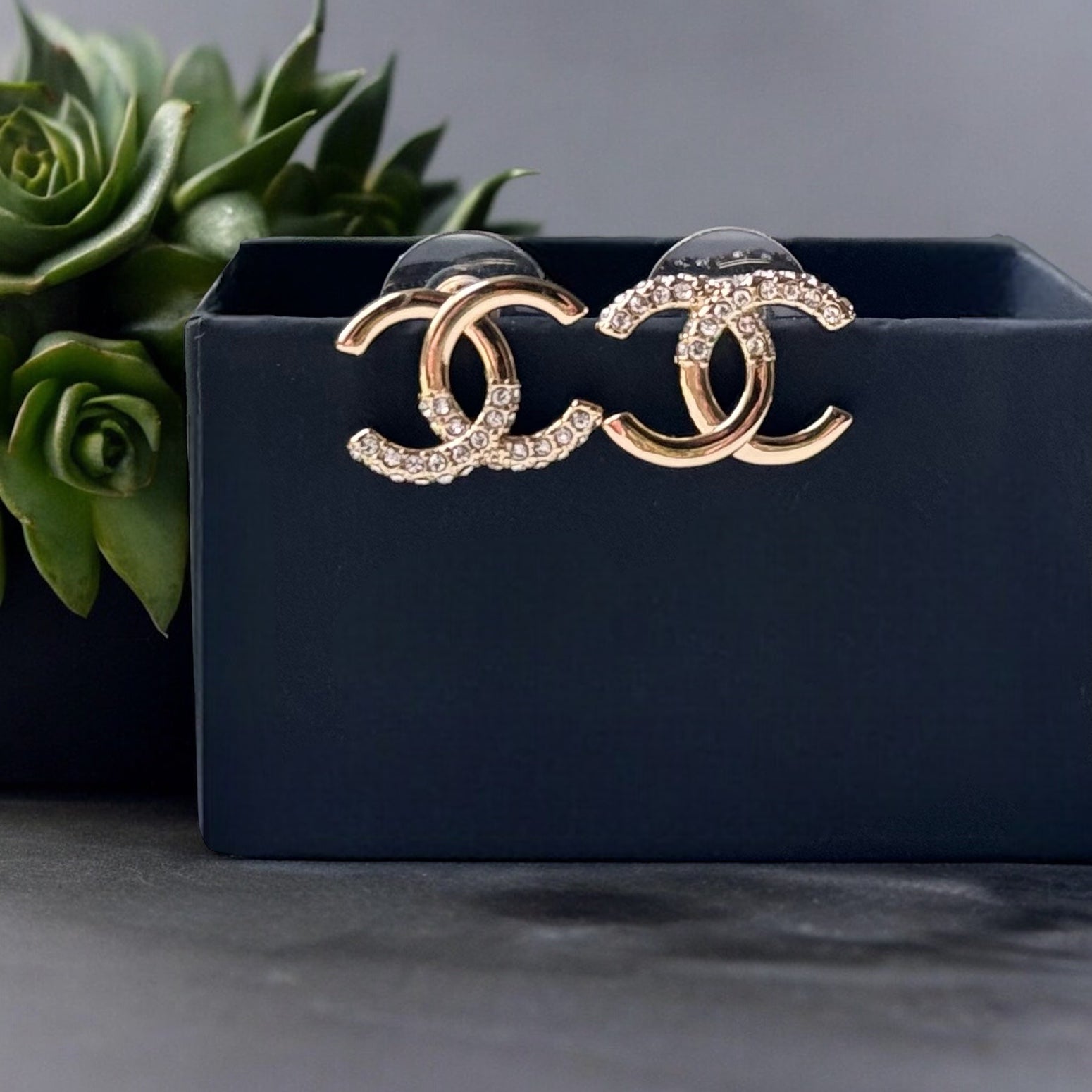 Chanel Gold Double C Post Earrings with sparkling crystals StunningGorgeous ! I love these ! Such great classics yet updated - these are the perfect pair of Chanel Earrings to Start or Add to your Luxury Designer Jewelry Collection. These are pre-owned bu