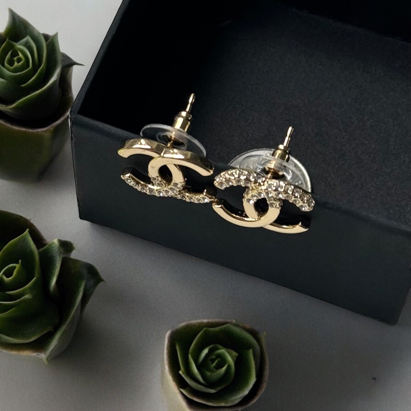 Chanel Gold Double C Post Earrings with sparkling crystals StunningGorgeous ! I love these ! Such great classics yet updated - these are the perfect pair of Chanel Earrings to Start or Add to your Luxury Designer Jewelry Collection. These are pre-owned bu