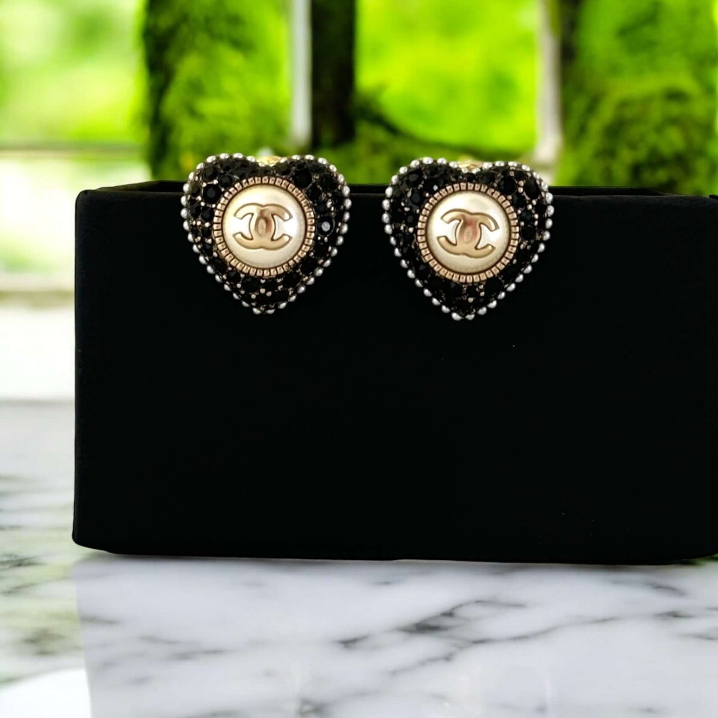 Authentic Chanel Gold CC Black Crystals Heart Earrings