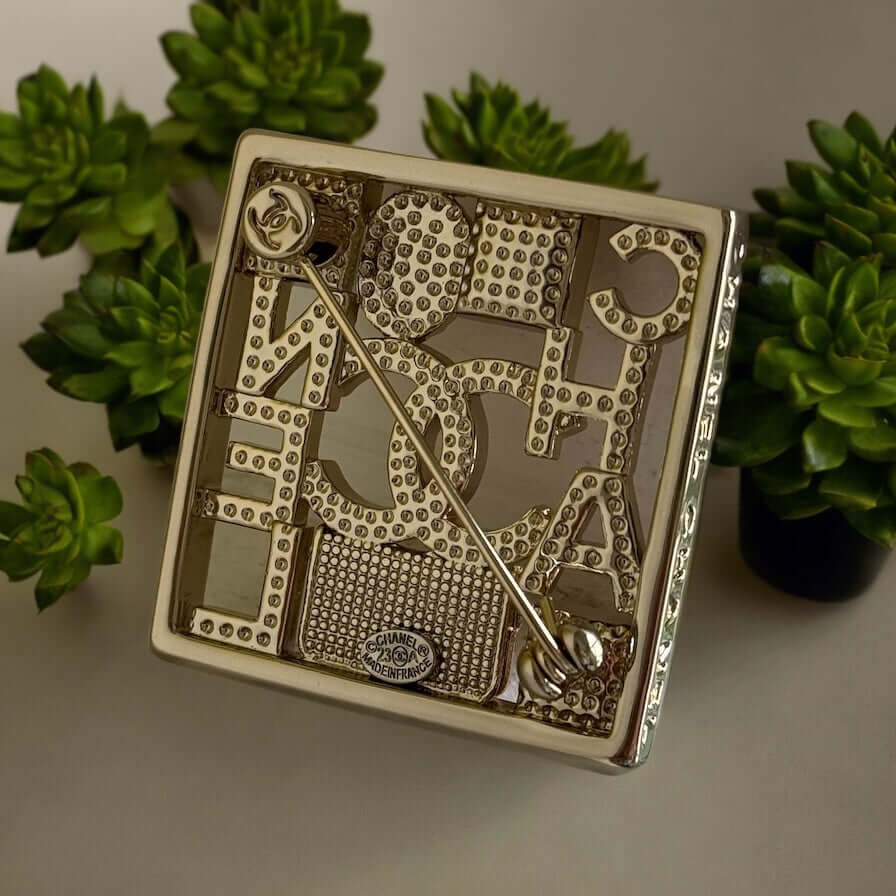 Chanel Strass CC cut out Square Brooch Hard to Find Pin