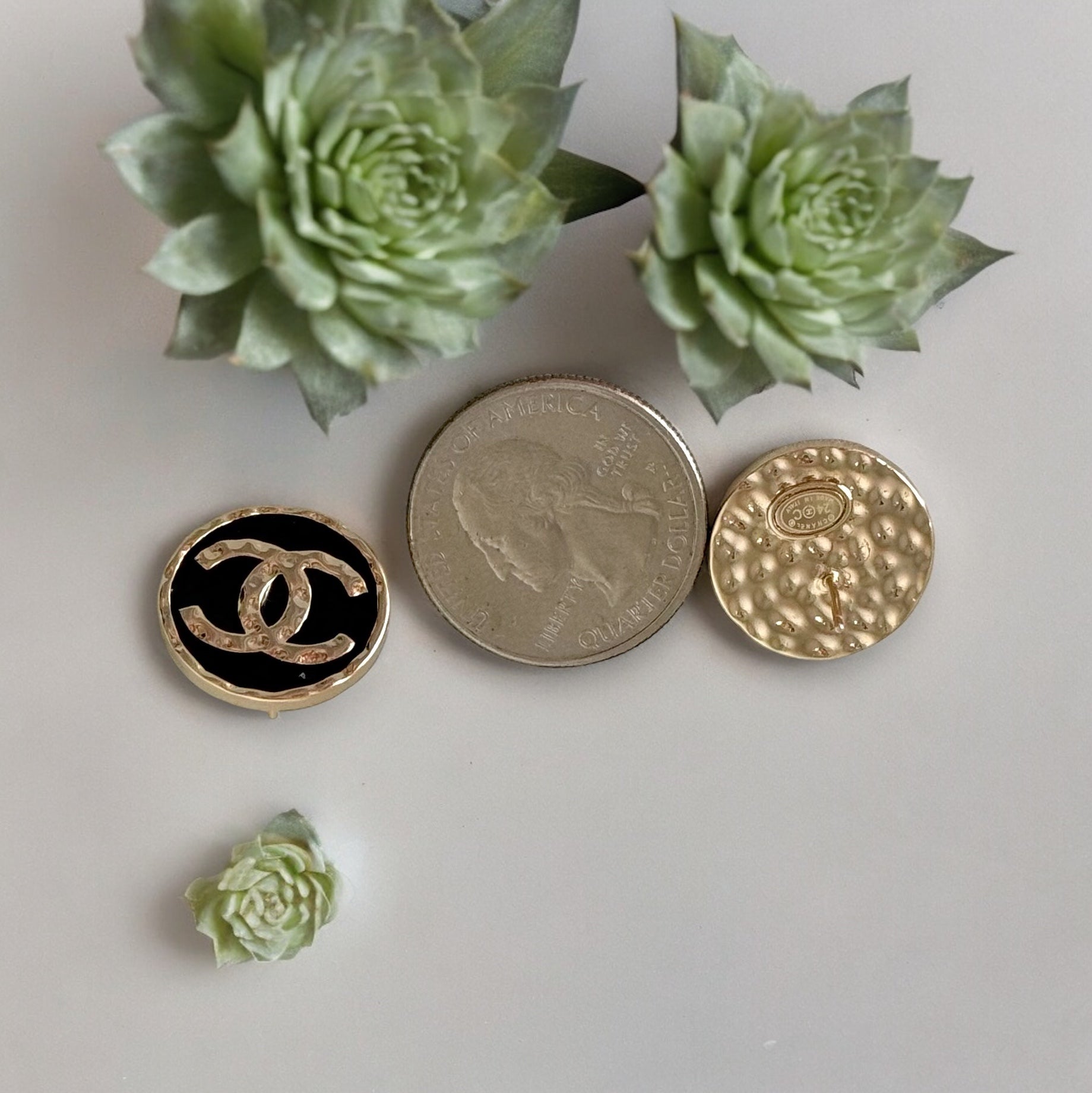 Chanel Round Gold Gold Double C Textured Black Enamel Post EarringsGorgeous ! New Never Worn Chanel Round Gold Gold Double C Textured Black Enamel Post Earrings On Consignment - The consignor said she has never worn these they were given to her as a gift