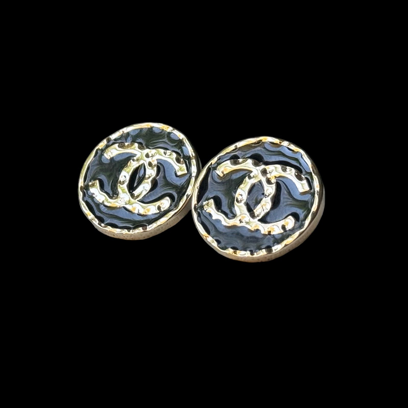 Chanel Round Gold Gold Double C Textured Black Enamel Post EarringsGorgeous ! New Never Worn Chanel Round Gold Gold Double C Textured Black Enamel Post Earrings On Consignment - The consignor said she has never worn these they were given to her as a gift