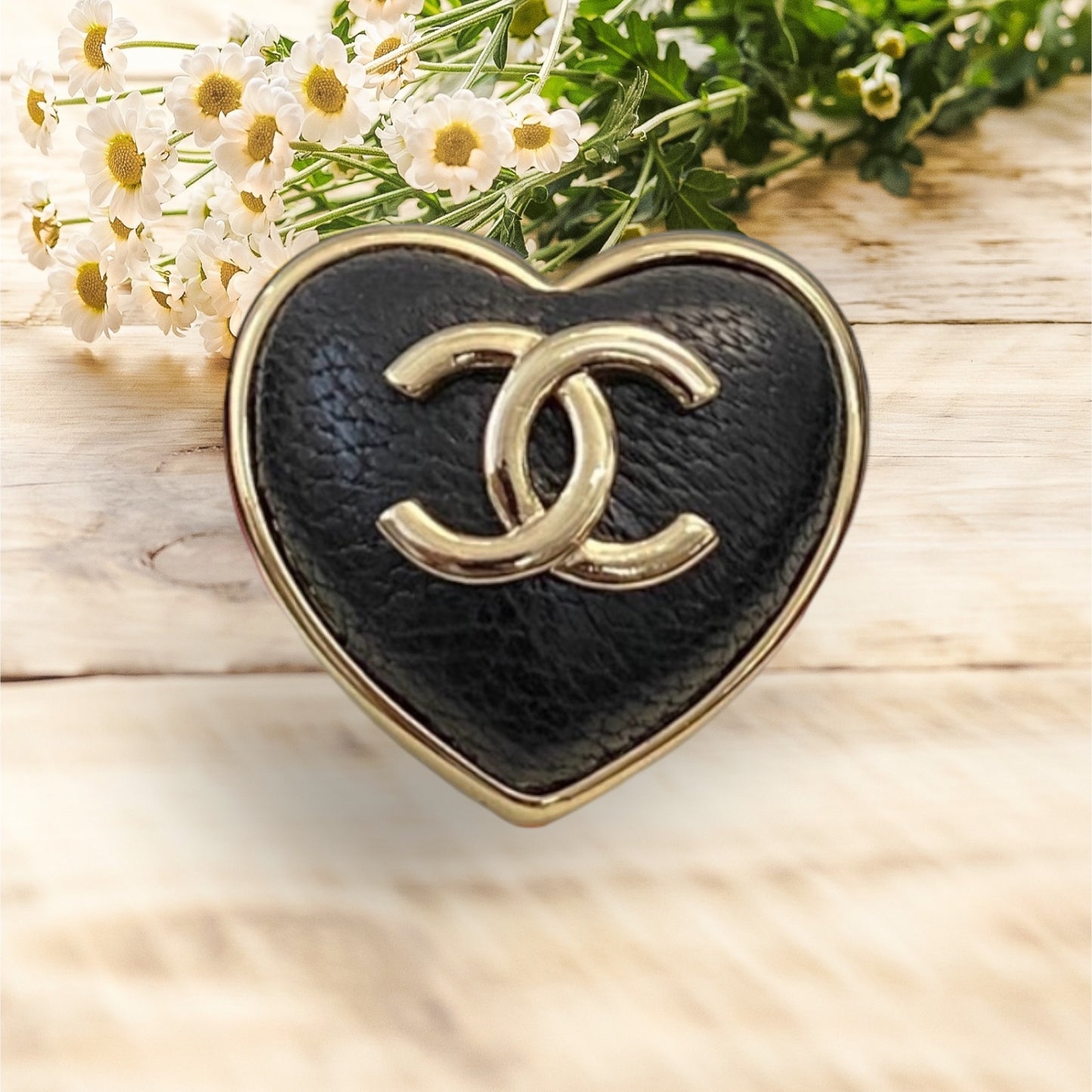 Chanel Gold Strass Heart Black Leather Double C Brooch PinChanel Gold , Strass and Black Soft Looking Heart Shaped Pin Perfect minimalistic size - Little bigger than a U.S. quarter coin . Clearly stamped on the back S22 22A Made in France On consignment L