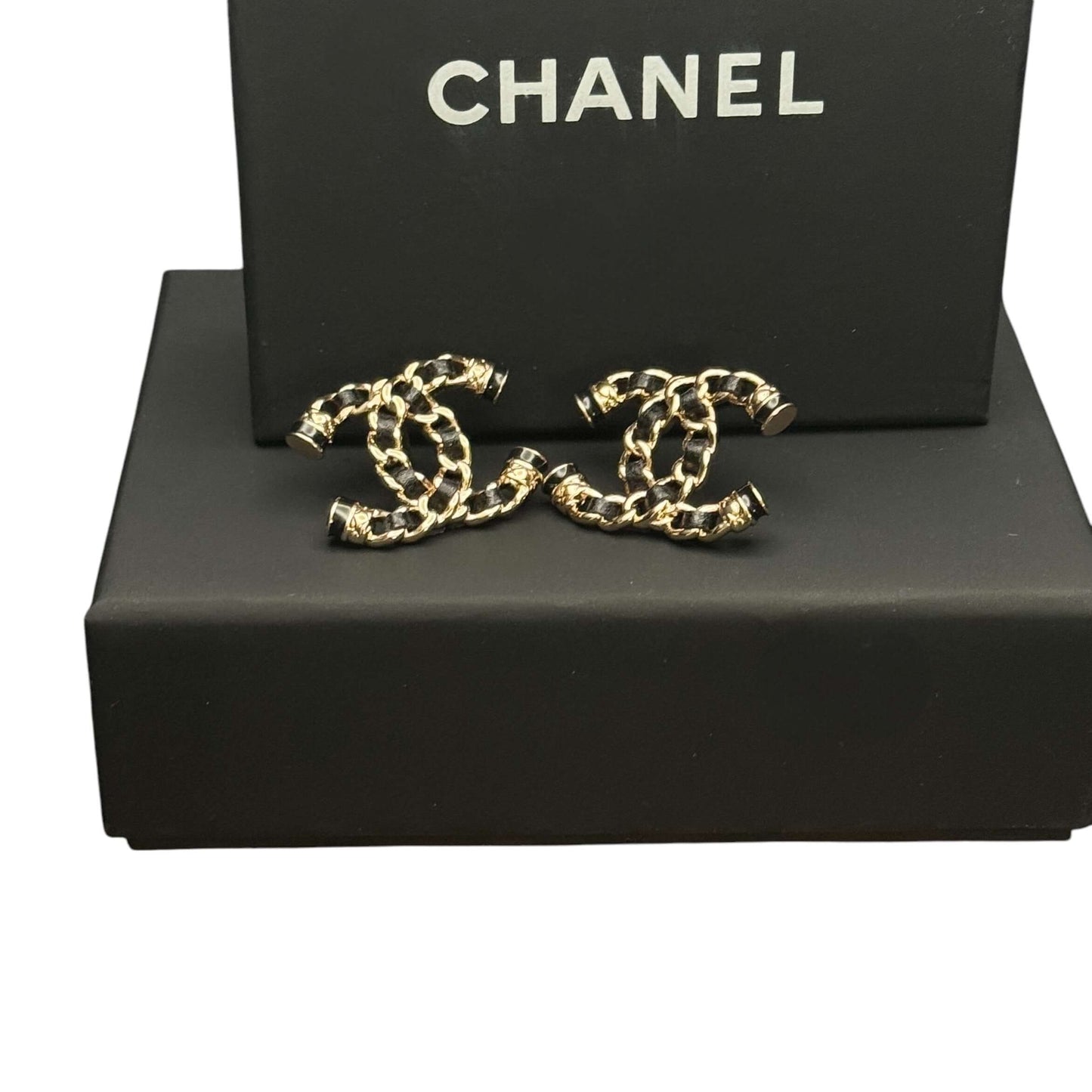 Authentic Chanel Gold CC Chain w/ Leather Earrings Pre-Owned