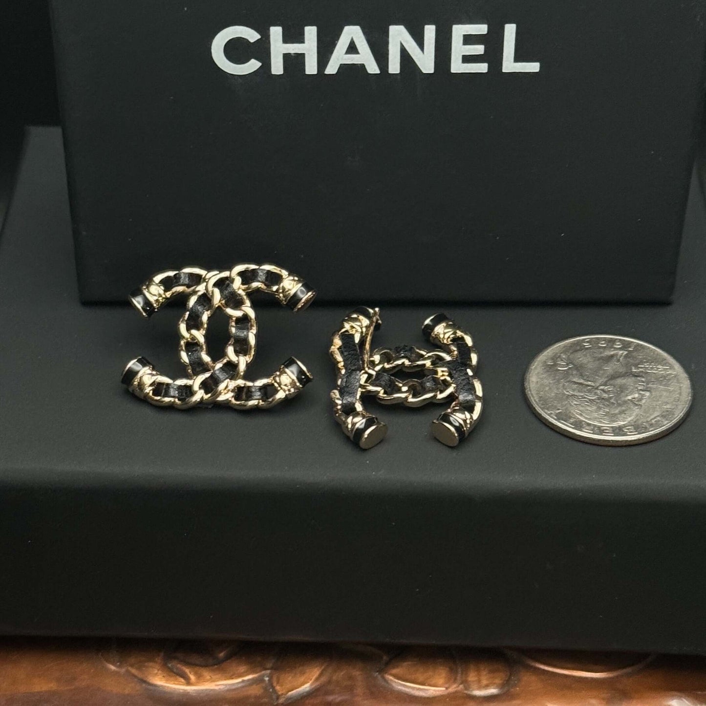 Authentic Chanel Gold CC Chain w/ Leather Earrings Pre-Owned