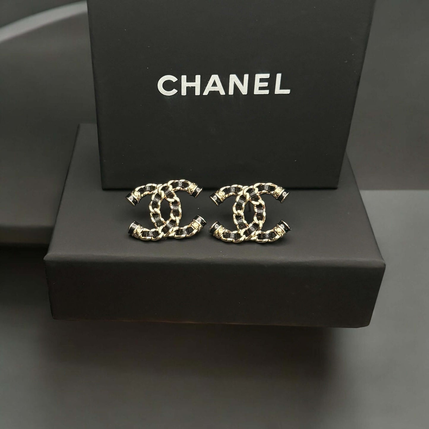 Authentic Chanel Gold CC Chain w/ Leather Earrings Pre-Owned