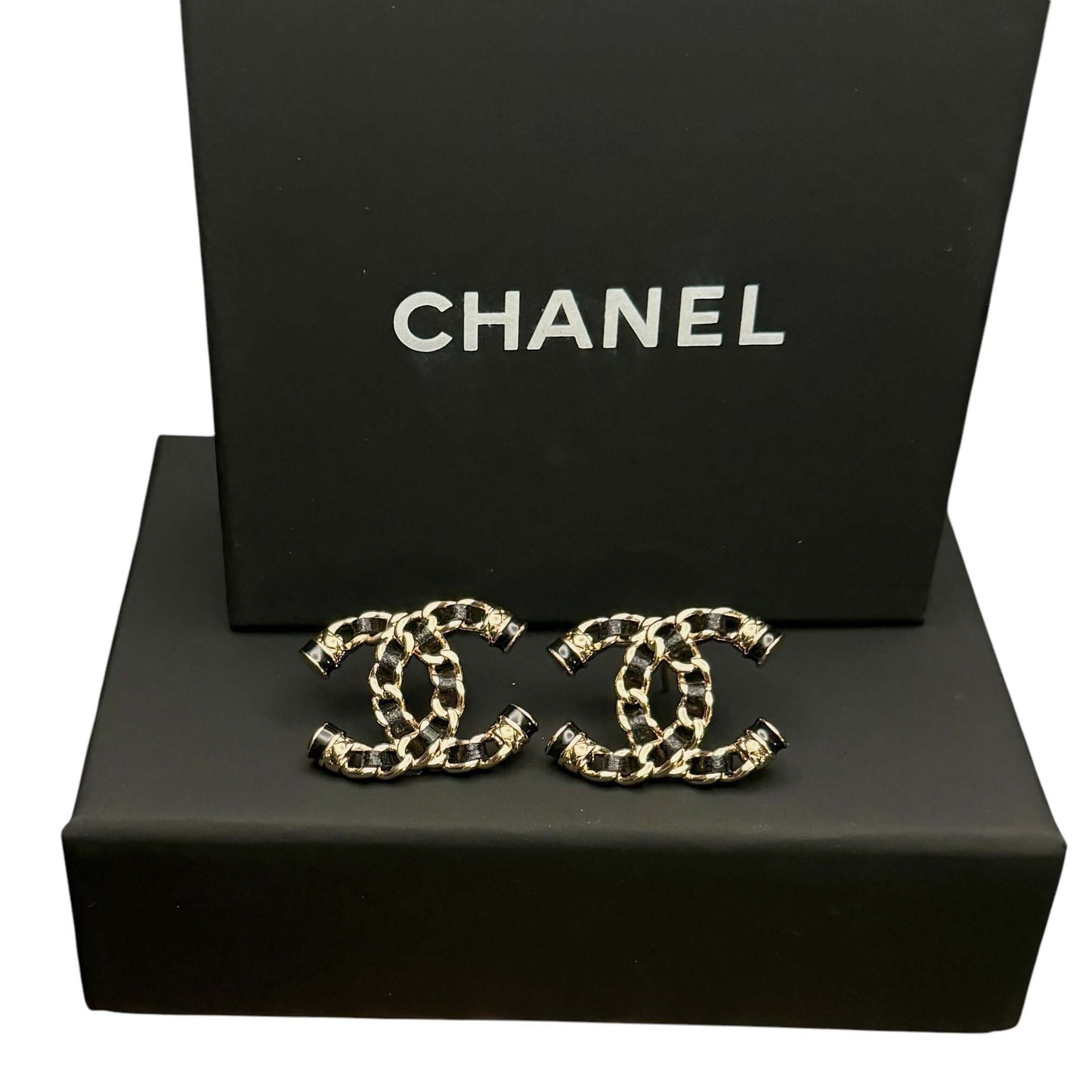 Authentic Chanel Gold CC Chain w/ Leather Earrings Pre-Owned