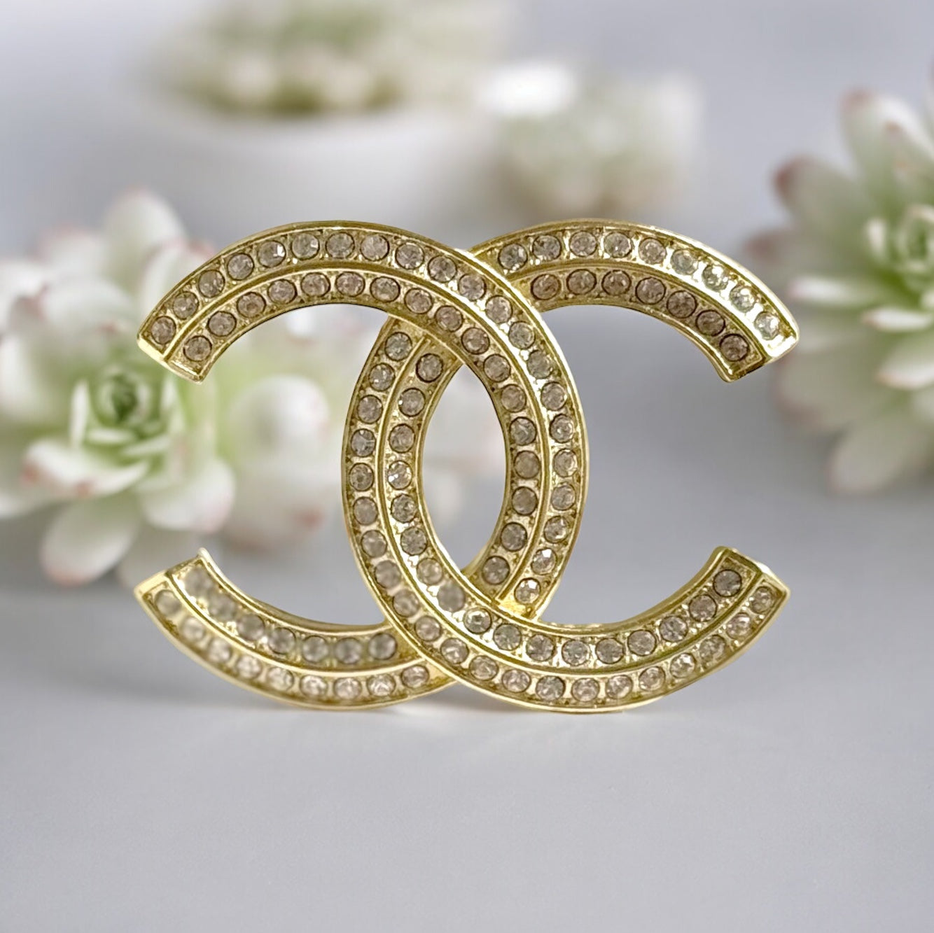 Chanel Gold Double C double layer of clear crystals Brooch PinClassic Timeless In nice pre-owned condition Comes with the Chanel Gift Box & Bag Brighter GoldBright Gold,Brooch Pin,Chanel,Chanel Brooch,Chanel Double C,Chanel Mark,Classic Chanel,Clear Cryst