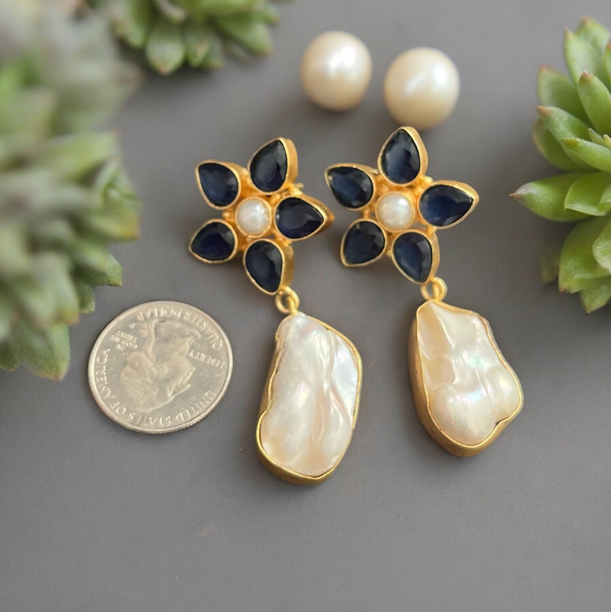 Baroque Pearls & Blue Crystals Artisan Made Drop Post Earrings"Add a touch of whimsy to any outfit with our Baroque Pearls & Blue Crystals Earrings. Hand crafted with gold hollow wiring and designed by me, these earrings are perfect for resort wear or boh