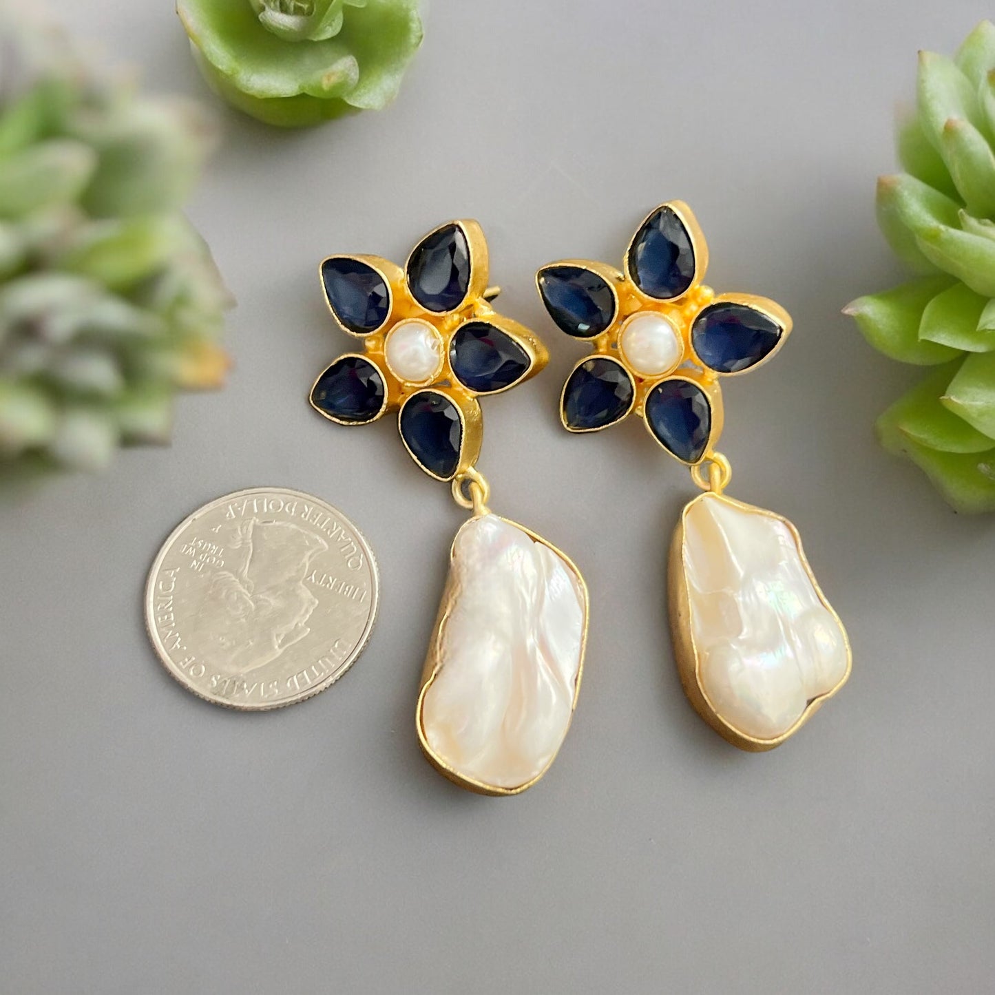 Baroque Pearls & Blue Crystals Artisan Made Drop Post Earrings"Add a touch of whimsy to any outfit with our Baroque Pearls & Blue Crystals Earrings. Hand crafted with gold hollow wiring and designed by me, these earrings are perfect for resort wear or boh