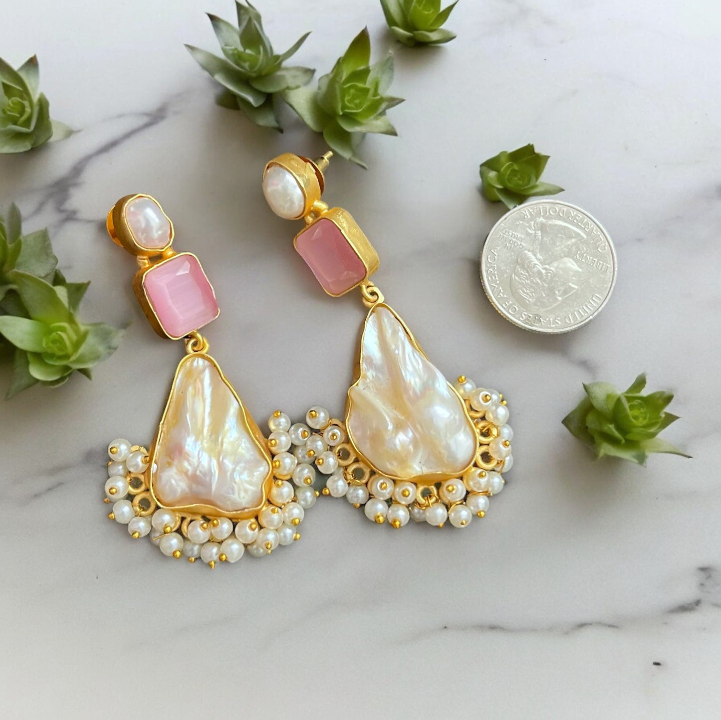 Artisan Made Gold Wire Baroque Pearls With Pink Crystal Post Dangle EarringsStep up your earring game with these Artisan Made Gold Wire Baroque Pearls With Pink Crystal Post Dangle Earrings! Real baroque pearls and hollow gold plated wire make these boho