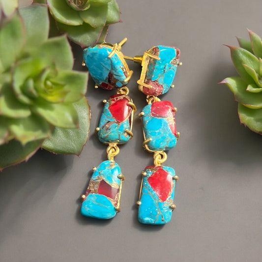 Artisan Made Turquoise Post Statement Dangle Earrings With Gold Hollow Wire BohoAdd a touch of boho to your look with these one of a kind artisan made turquoise earrings! The high quality stones and materials make these hand made earrings a great gift for