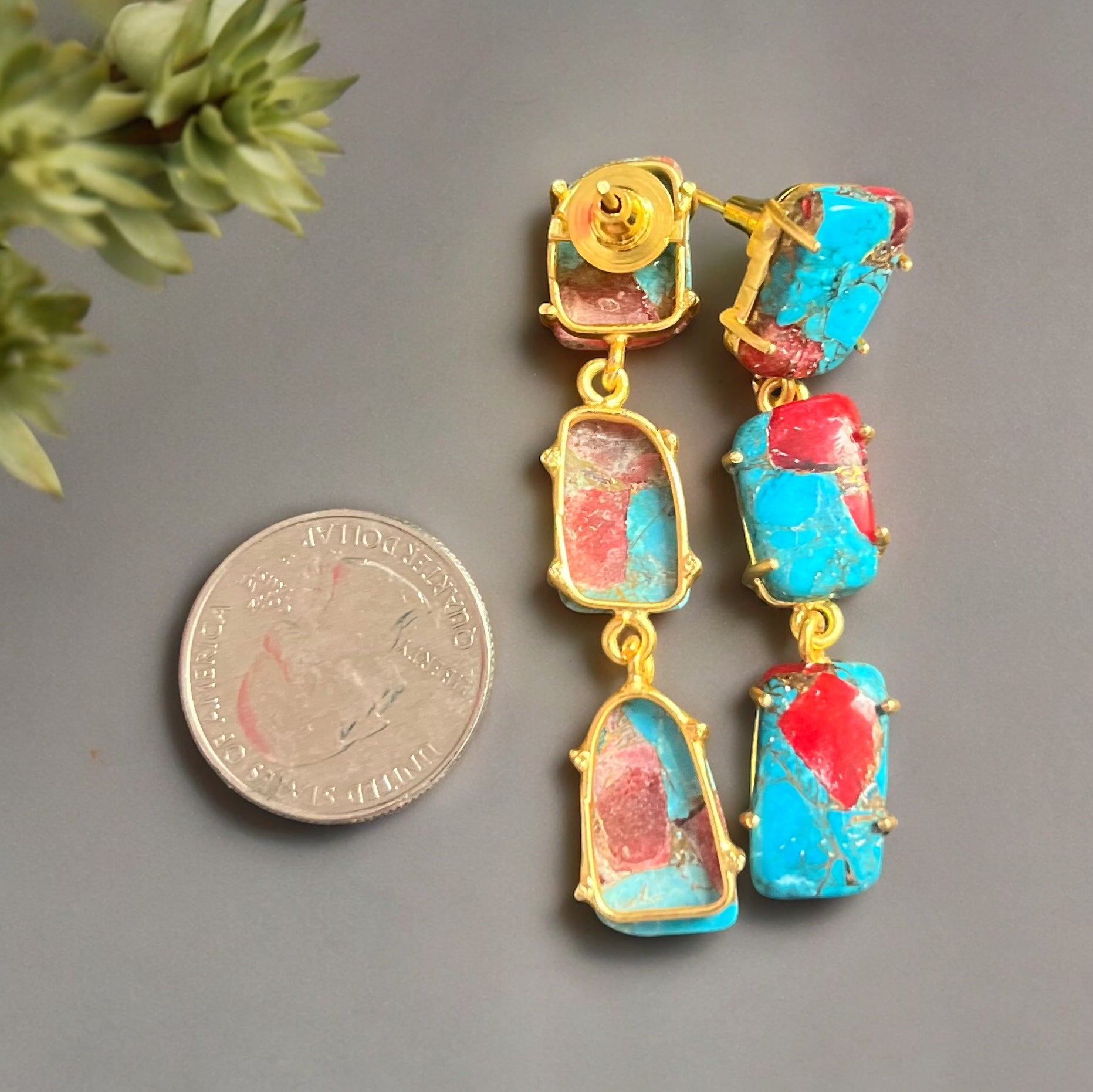 Artisan Made Turquoise Post Statement Dangle Earrings With Gold Hollow Wire BohoAdd a touch of boho to your look with these one of a kind artisan made turquoise earrings! The high quality stones and materials make these hand made earrings a great gift for