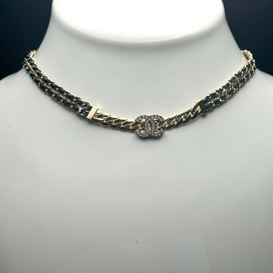 Chanel CC Gold Chain w/ Blk Leather Choker S24 Pre-Owned