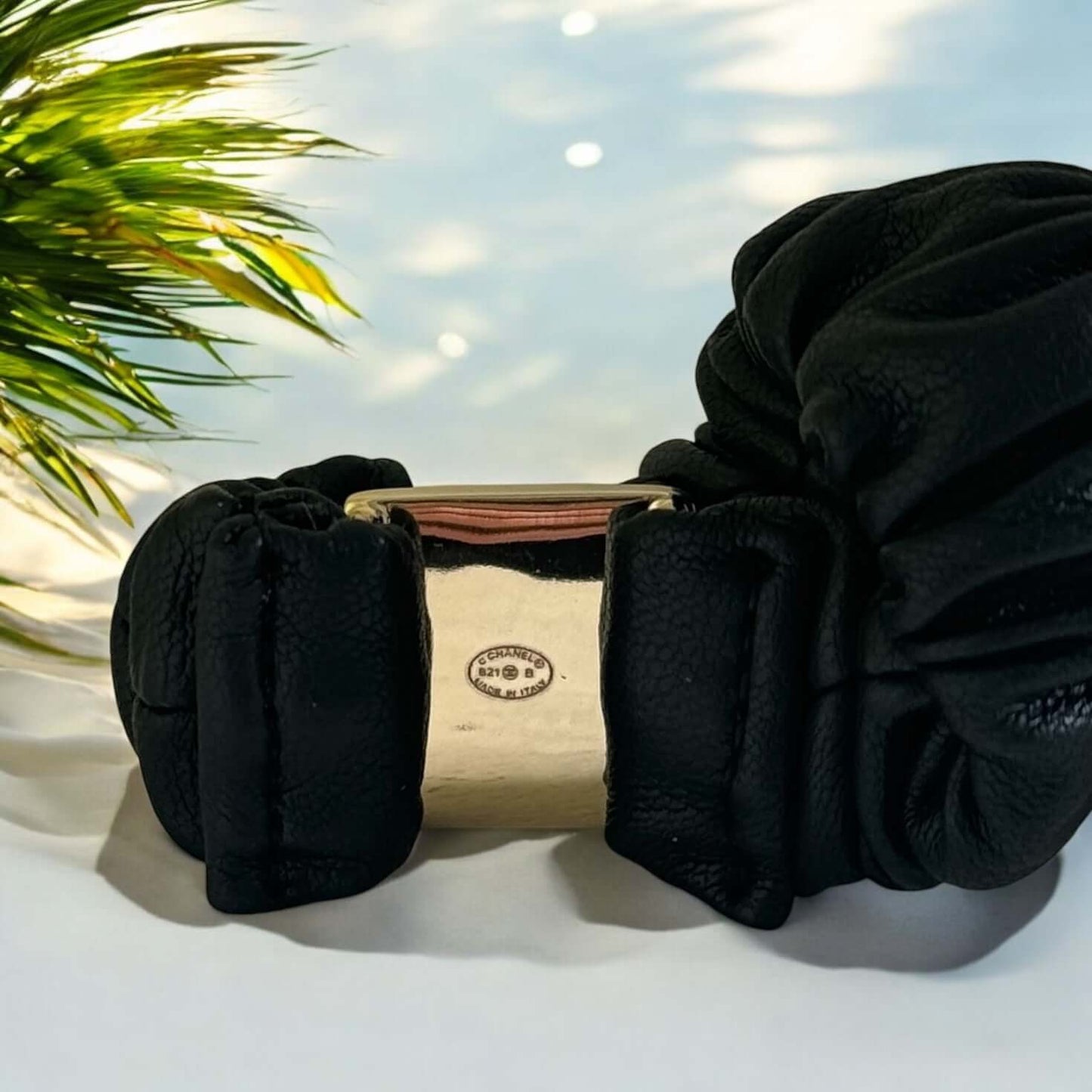 Chanel Gold CC Black Leather Scrunchie