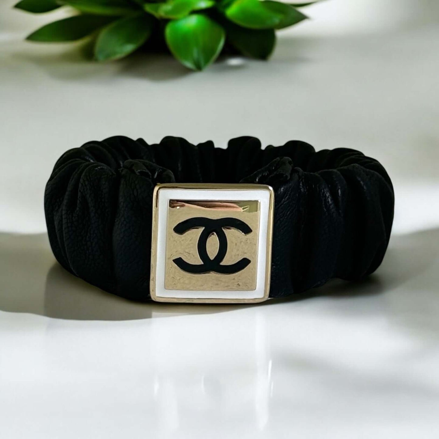 Chanel Gold CC Black Leather Scrunchie