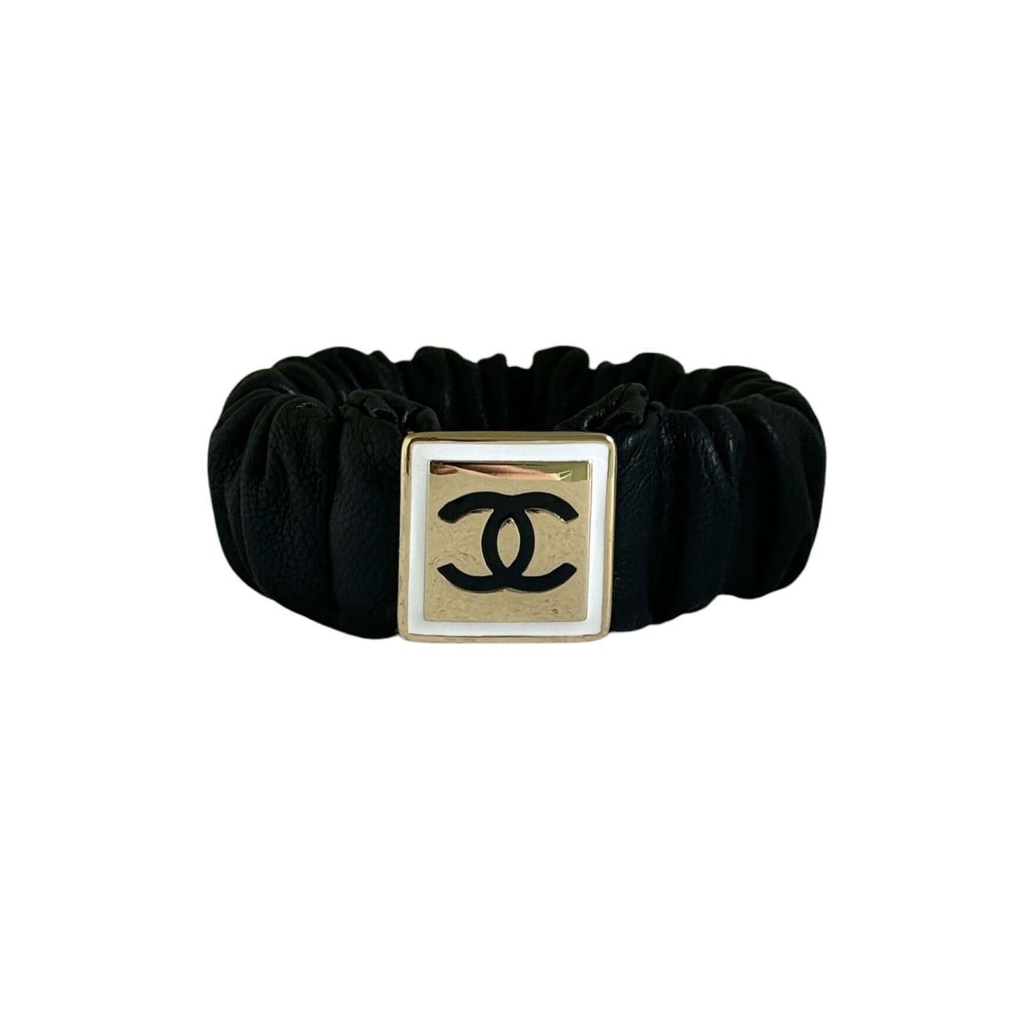 Chanel Gold CC Black Leather Scrunchie